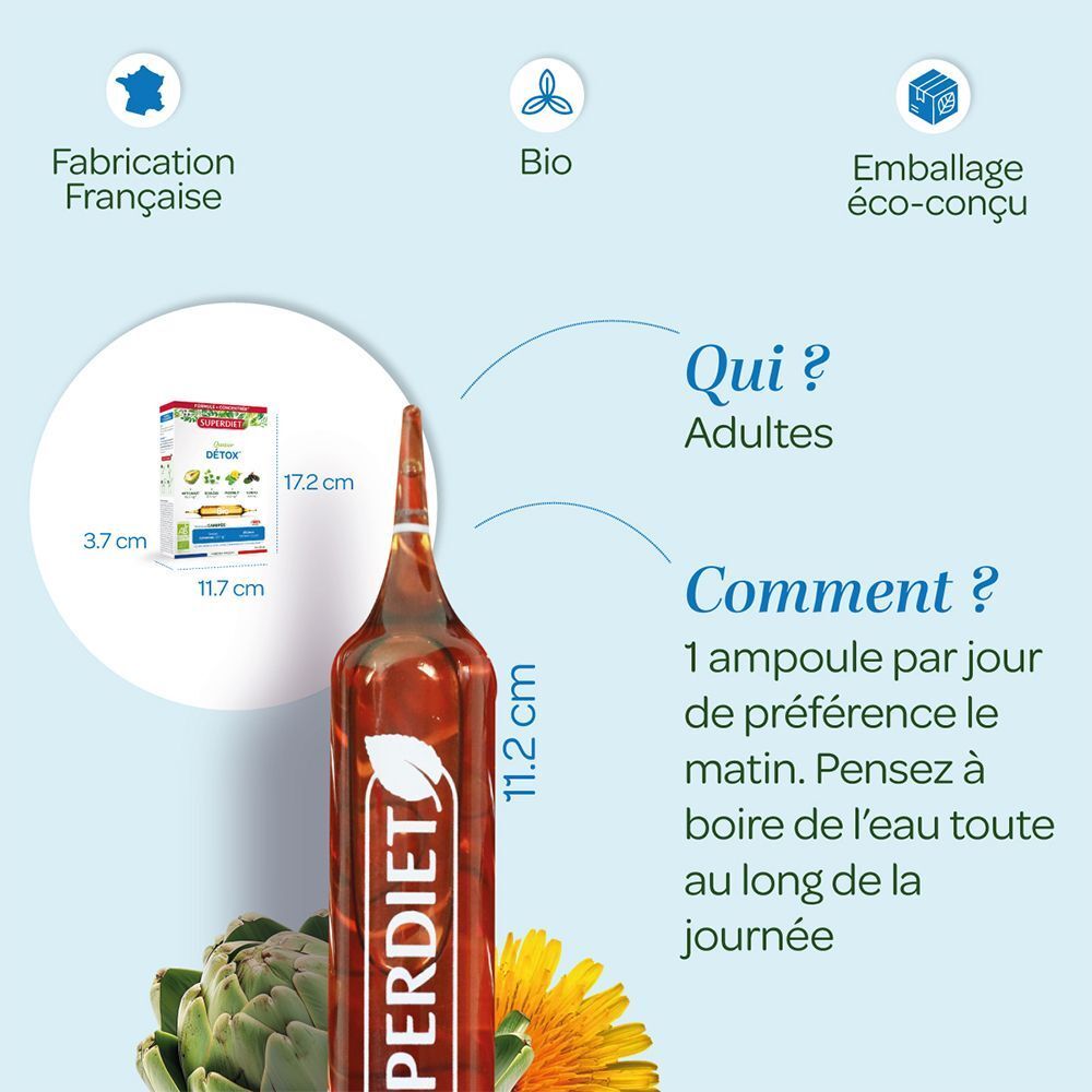 Ampoule Superdiet à côté de l'emballage. Dimensions : 11,2 cm haut, 17,2 cm haut, 11,7 cm large, 3,7 cm profond. Bio.