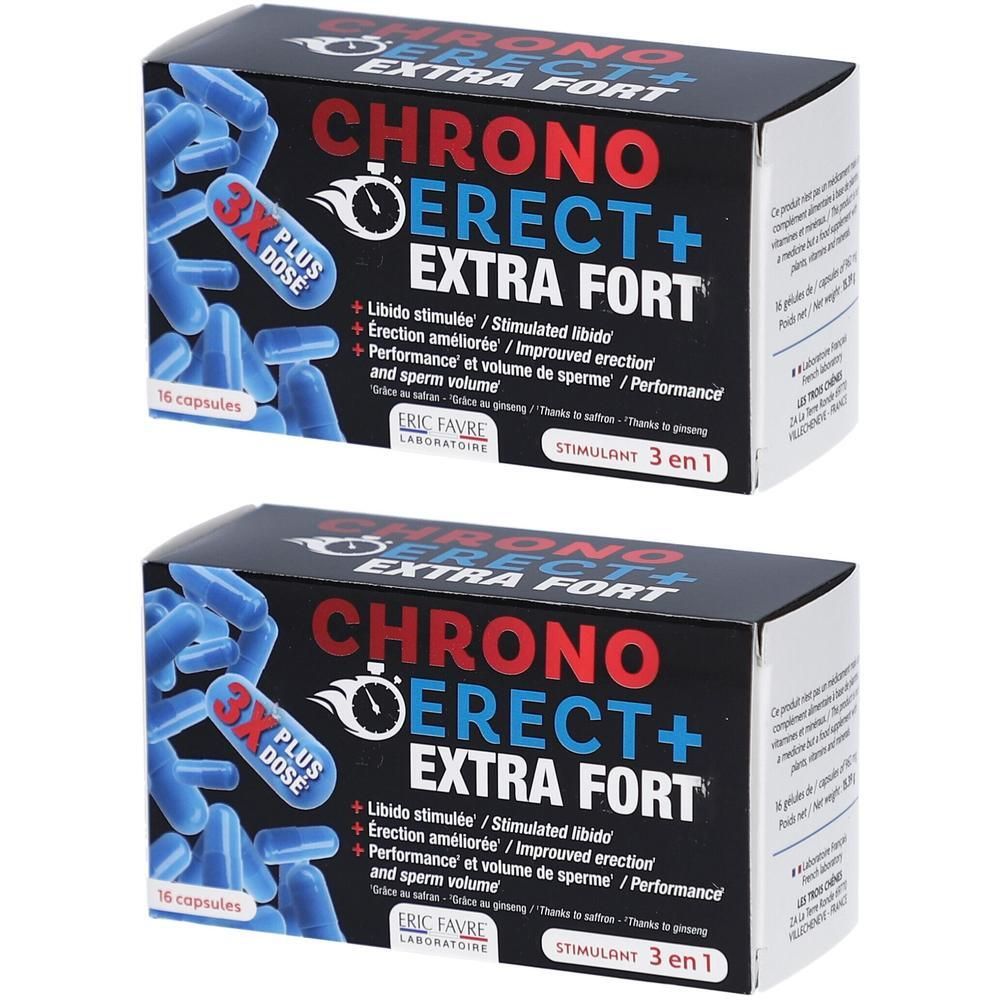 Deux boîtes de gélules bleues. Inscription: CHRONO ERECT+ EXTRA FORT. Contient 16 gélules. Marque: ERIC FAVRE.