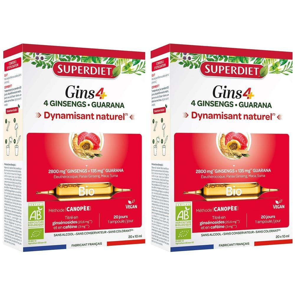 Deux boîtes Superdiet Gins4. Inscription: 4 Ginsengs + Guarana, dynamisant naturel. Label Bio, vegan. 20 ampoules.