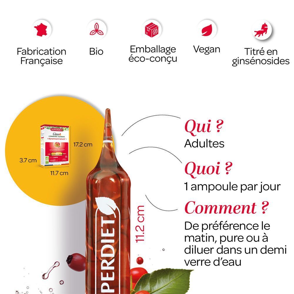 Ampoule avec logo Superdiet. Texte: Qui ? Adultes. Quoi ? 1 ampoule par jour. Comment ? De préférence le matin, pur ou dilué. Dimensions.
