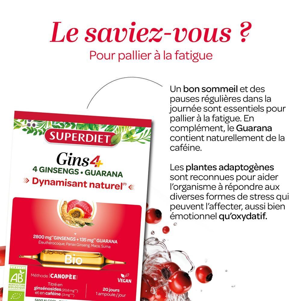 Emballage Superdiet Gins4 à côté de fruits. Texte: Pour pallier la fatigue. Le guarana contient de la caféine. Plantes adaptogènes pour le stress.