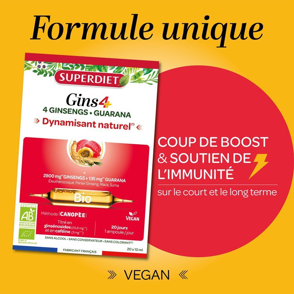 Emballage Superdiet Gins4 sur fond rouge. Texte: Formule unique. Soutien énergie et immunité. Vegan.