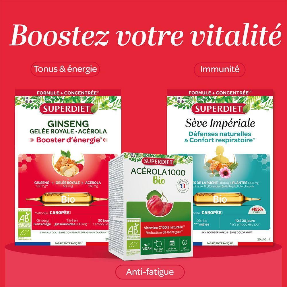 Trois emballages de produits Superdiet. Ginseng Gelée Royale, Acerola 1000 Bio, Sève Impériale. Texte: Booster vitalité, énergie, immunité.