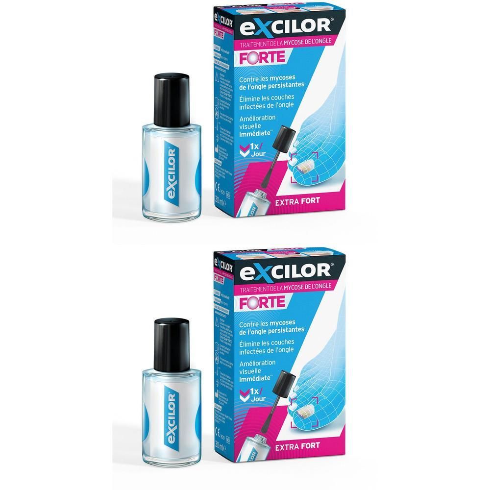 Deux flacons et emballages Excilor Forte. Flacons avec bouchon noir. Emballages avec informations produit.