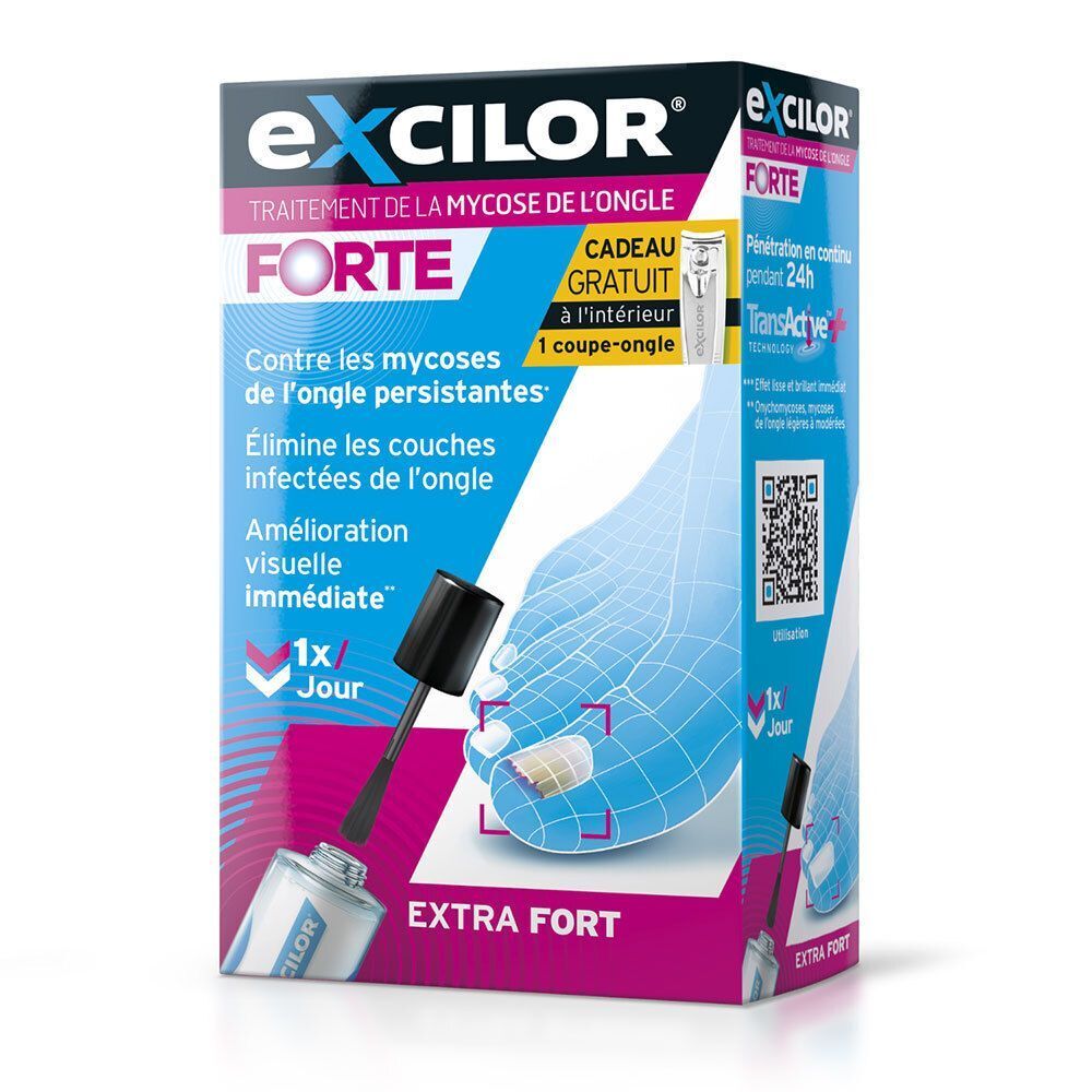 Emballage Excilor Forte. Nom du produit et informations sur l'emballage. Cadeau coupe-ongles gratuit.