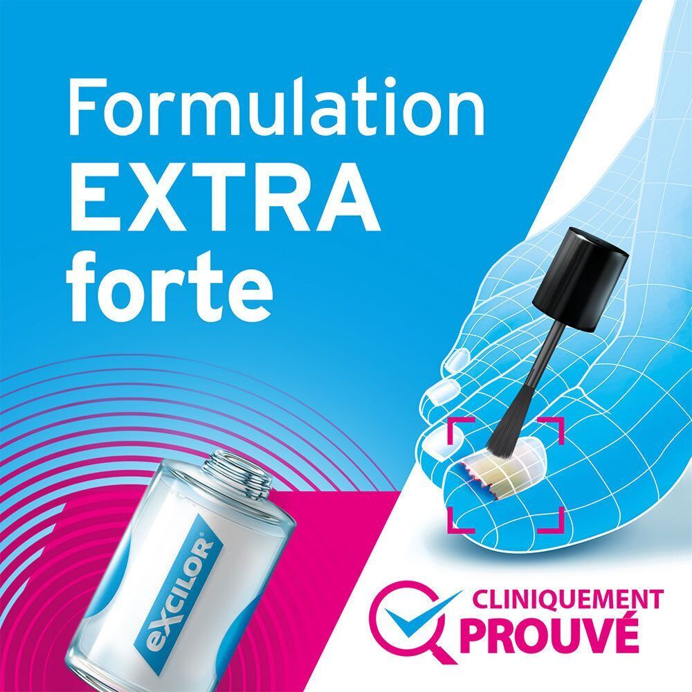 Flacon et applicateur Excilor Forte. Texte : Extra fort. Cliniquement prouvé.