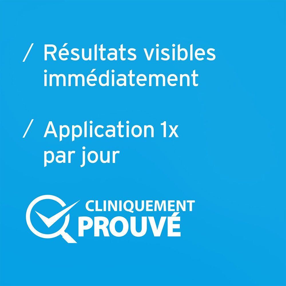 Texte : Résultats visibles immédiatement. Application 1x par jour. Cliniquement prouvé.