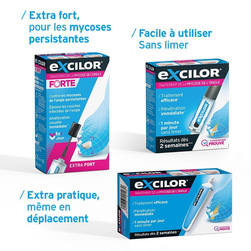 Trois emballages Excilor Forte. Texte : Extra fort pour les mycoses persistantes. Facile à utiliser. Extra pratique.