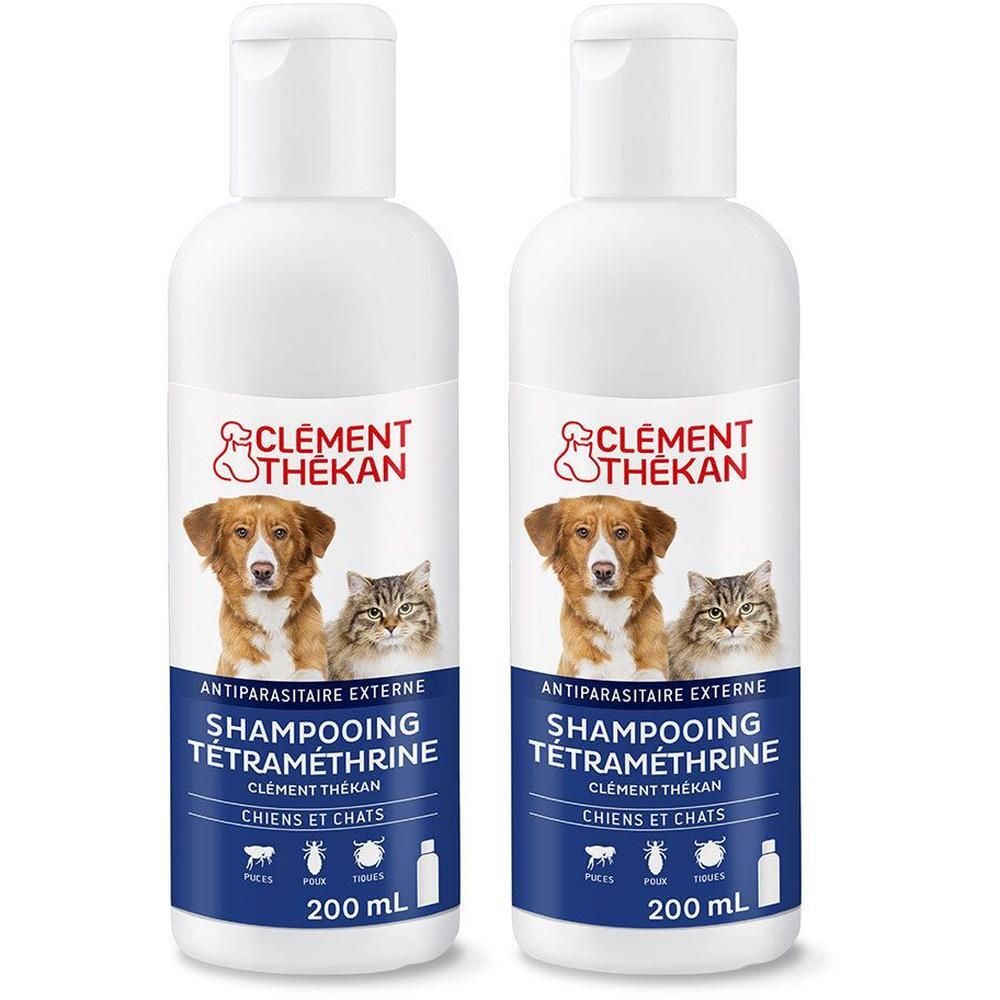 Deux flacons blancs avec étiquette bleue. L'étiquette présente un chien et un chat. Texte: Clement Thékan, Shampooing.
