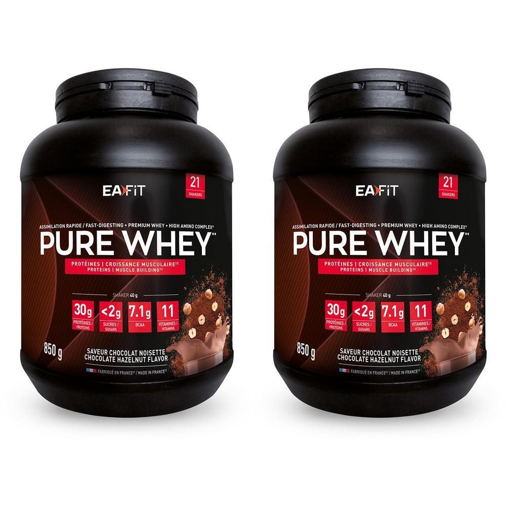 Deux pots noirs avec couvercles. Inscription: EA FIT, PURE WHEY, goût chocolat noisette. 850g. 21 portions.