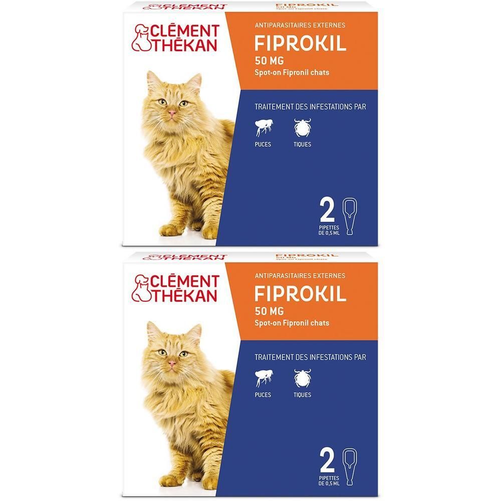 Deux boîtes de Fiprokil. Sur chaque boîte: marque, nom du produit, chat, texte sur puces et tiques, 2 pipettes.
