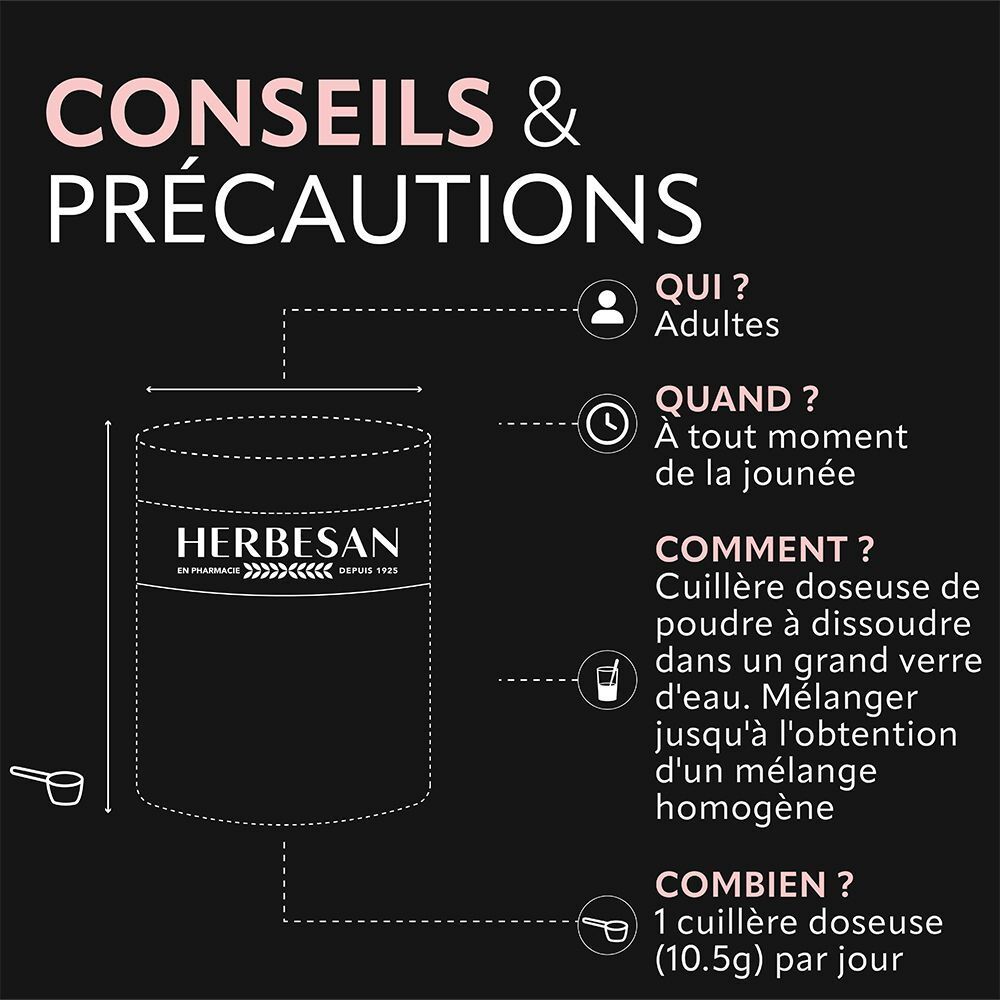 Conseils d'utilisation. Pot avec cuillère doseuse. Texte : Pour adultes, à tout moment de la journée, 1 cuillère par jour.