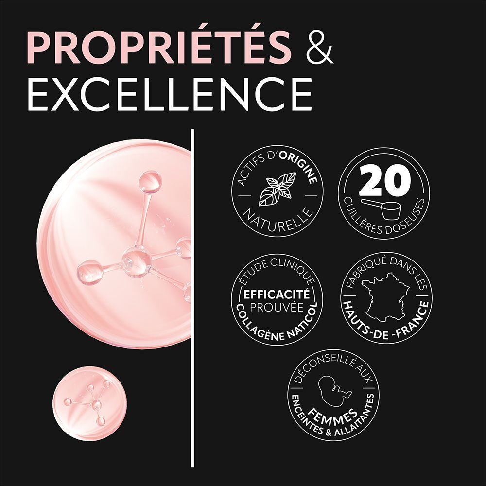 Logos circulaires avec texte : Actifs naturels, 20 doses, testé cliniquement, fabriqué en France, déconseillé aux femmes enceintes et allaitantes.