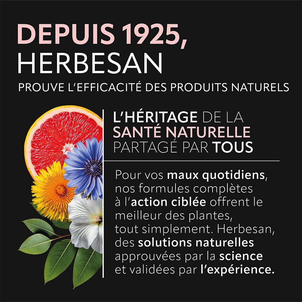 Texte : Depuis 1925, HERBESAN. Citation sur la santé naturelle. Fleurs et pamplemousse.