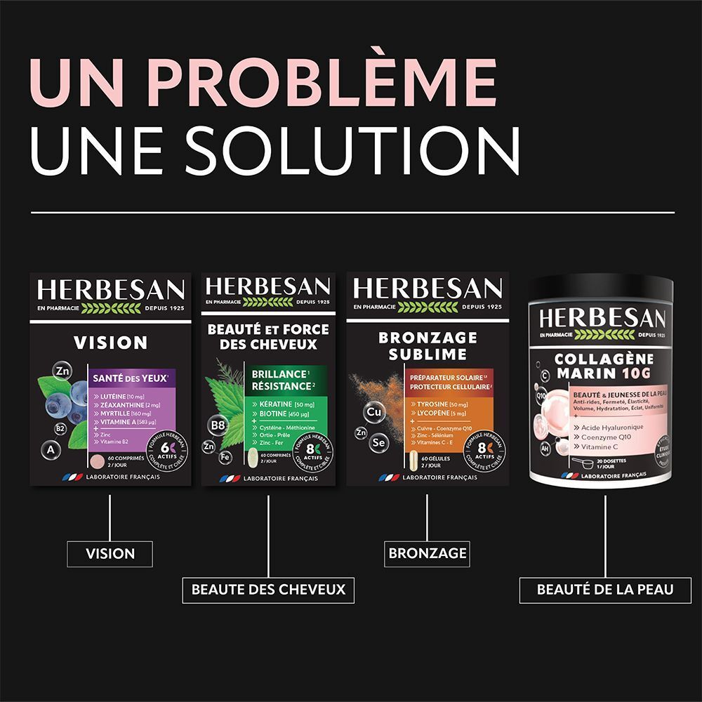Gamme de produits. Quatre boîtes et un pot. HERBESAN COLLAG MARIN 10G POT. Produits pour la vision, la beauté, le bronzage et la peau.