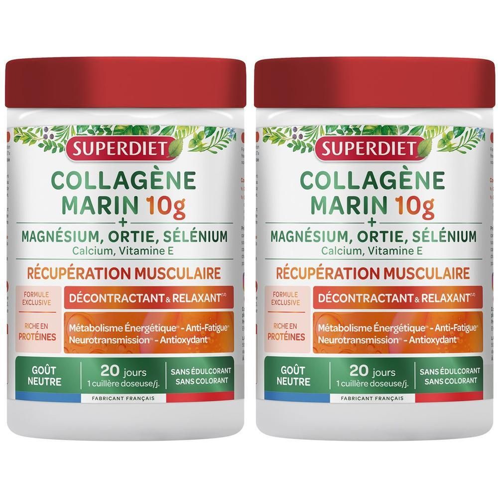 Deux pots de SUPERDIET COLLAGÈNE MARIN 10g. Couvercles rouges, contenants blancs avec étiquettes vertes et rouges. Texte: Magnésium, Ortie, Sélénium, Récupération Musculaire.