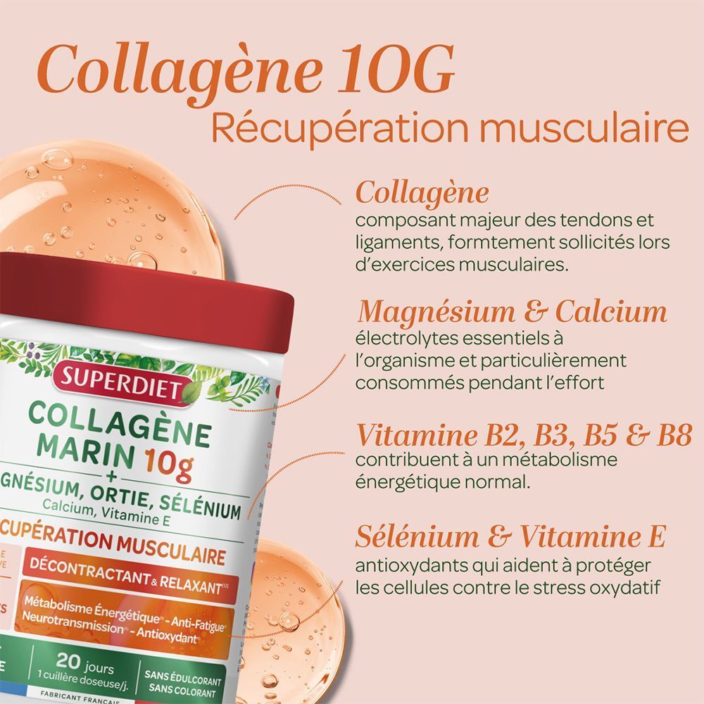 Gros plan d'un pot de SUPERDIET COLLAGÈNE MARIN 10g. Couvercle rouge, contenant blanc. Texte: Magnésium, Ortie, Sélénium, Récupération Musculaire. Informations supplémentaires.