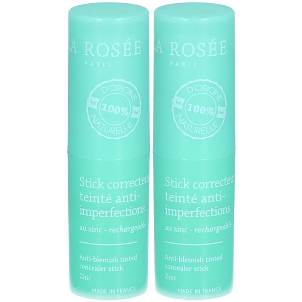Deux sticks correcteurs teintés rechargeables, vert menthe. Inscription: LA ROSÉE, Stick correcteur anti-imperfections, 100% naturelle.