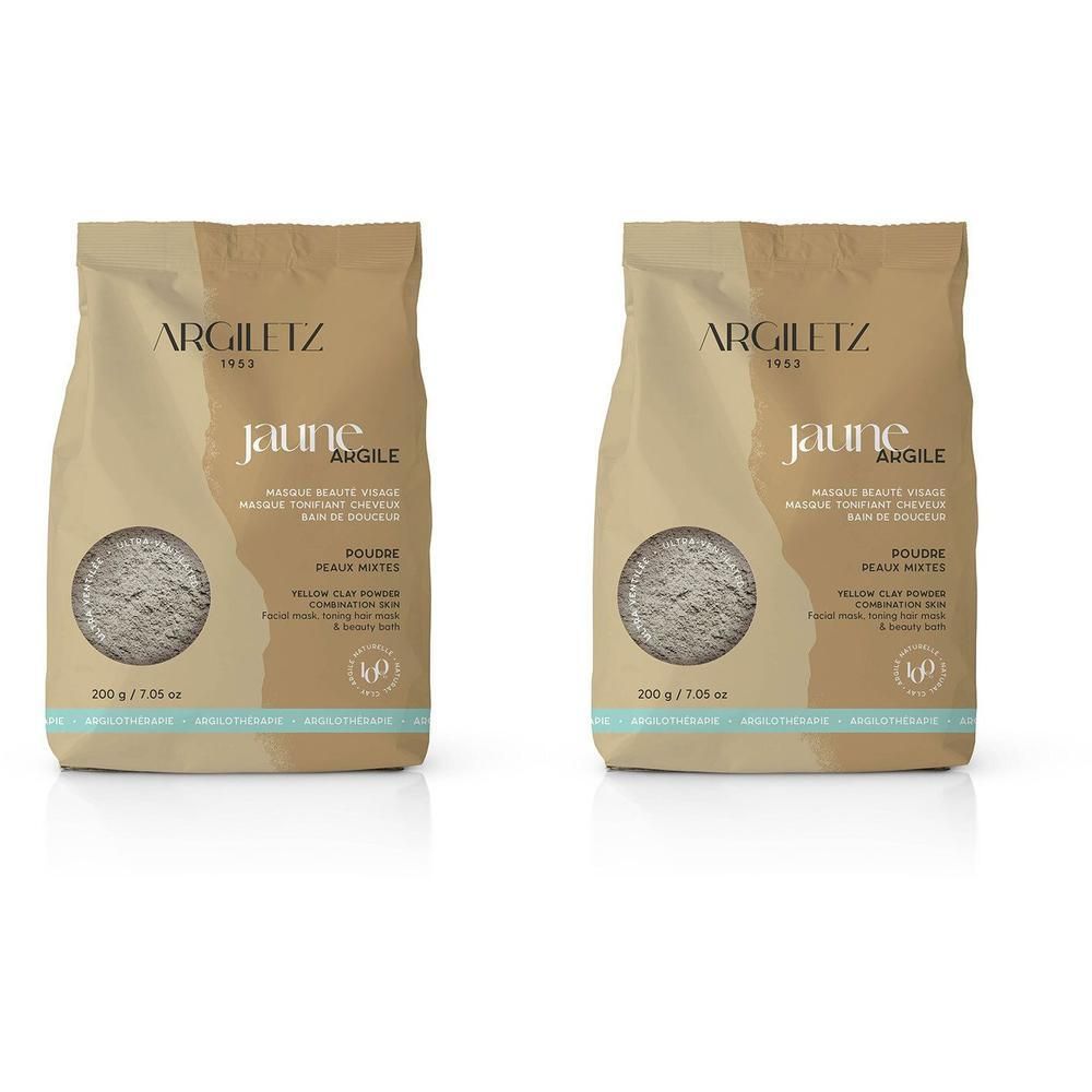 Deux sachets Argiletz jaune Argile. Emballage beige avec illustration du produit. Texte: Poudre Peaux Mixtes.