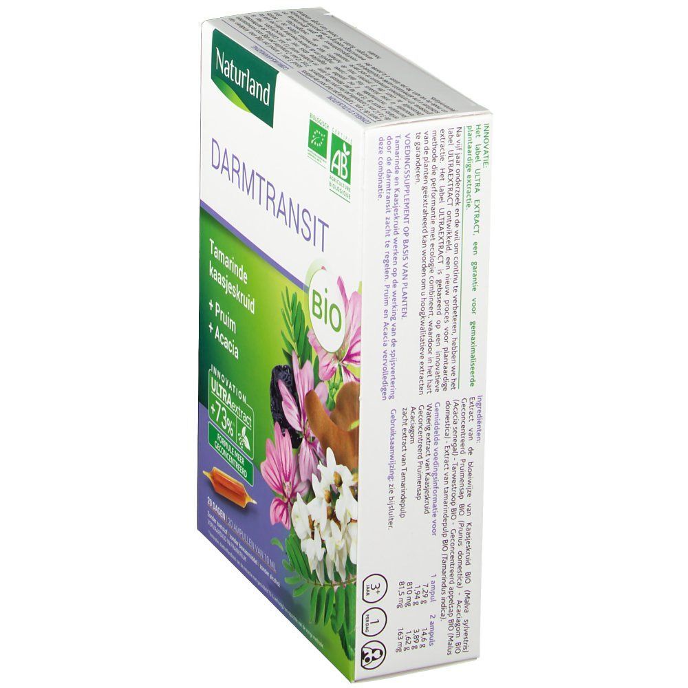 Boîte en carton avec texte Darmtransit. Label Bio. Illustrations de plantes et fleurs. Texte en plusieurs langues.