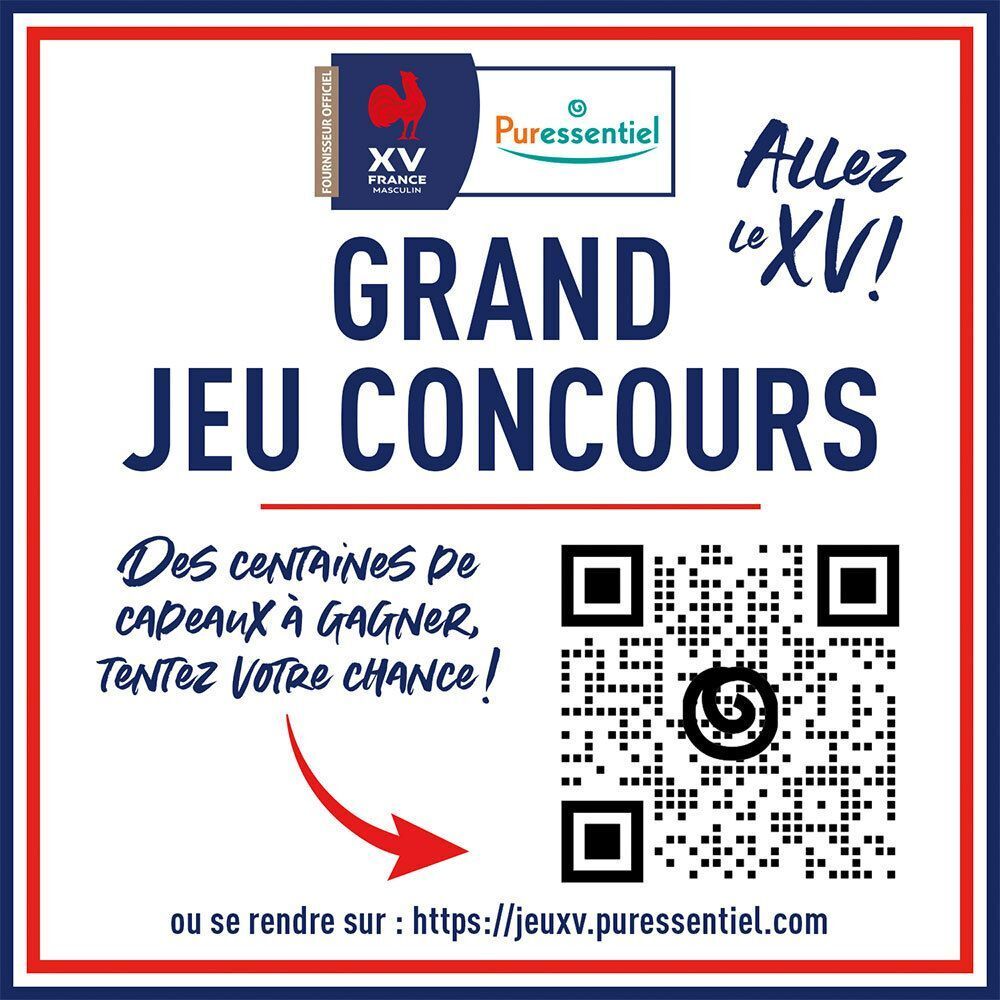 Visuel publicitaire avec cadre bleu et rouge. Texte: GRAND JEU CONCOURS. Code QR et logo. Texte: Allez le XV!