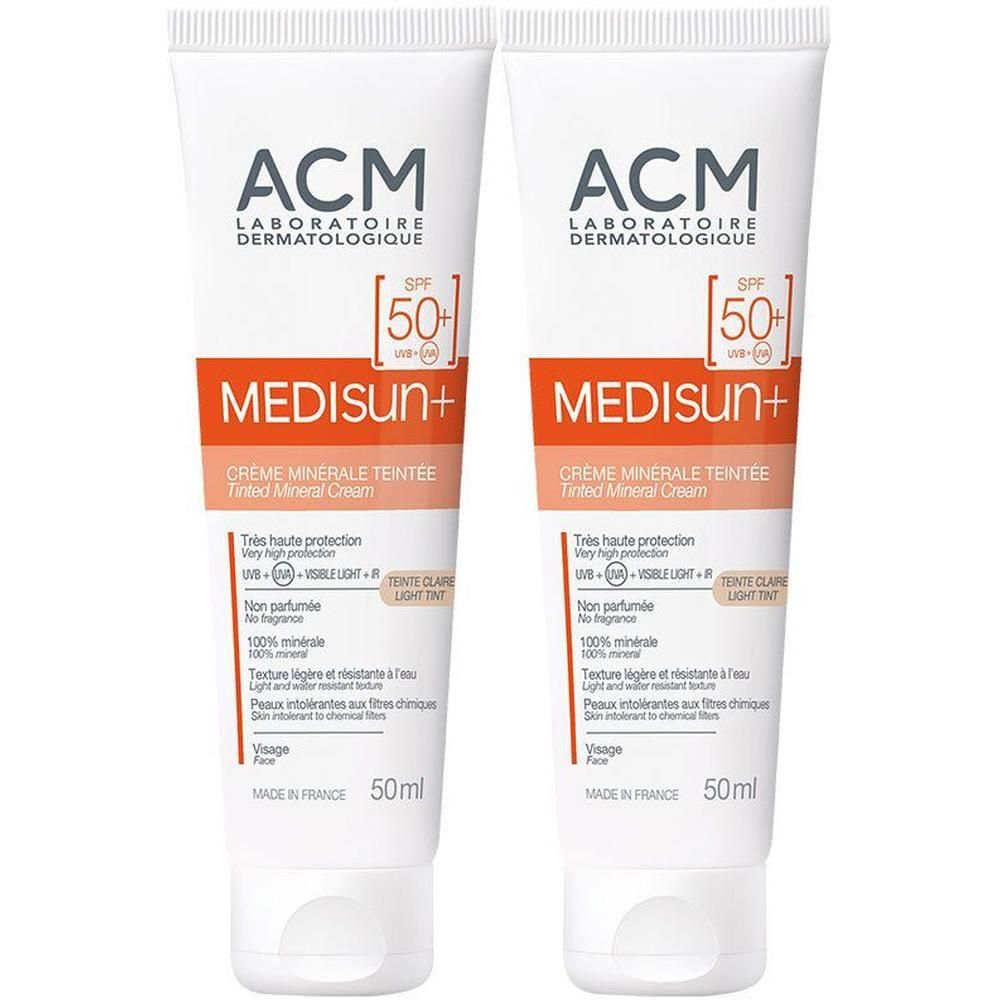 Deux tubes de Medisun+ Crème Minérale Teintée SPF50+. Tubes blancs avec accents orange. Texte et logo ACM.