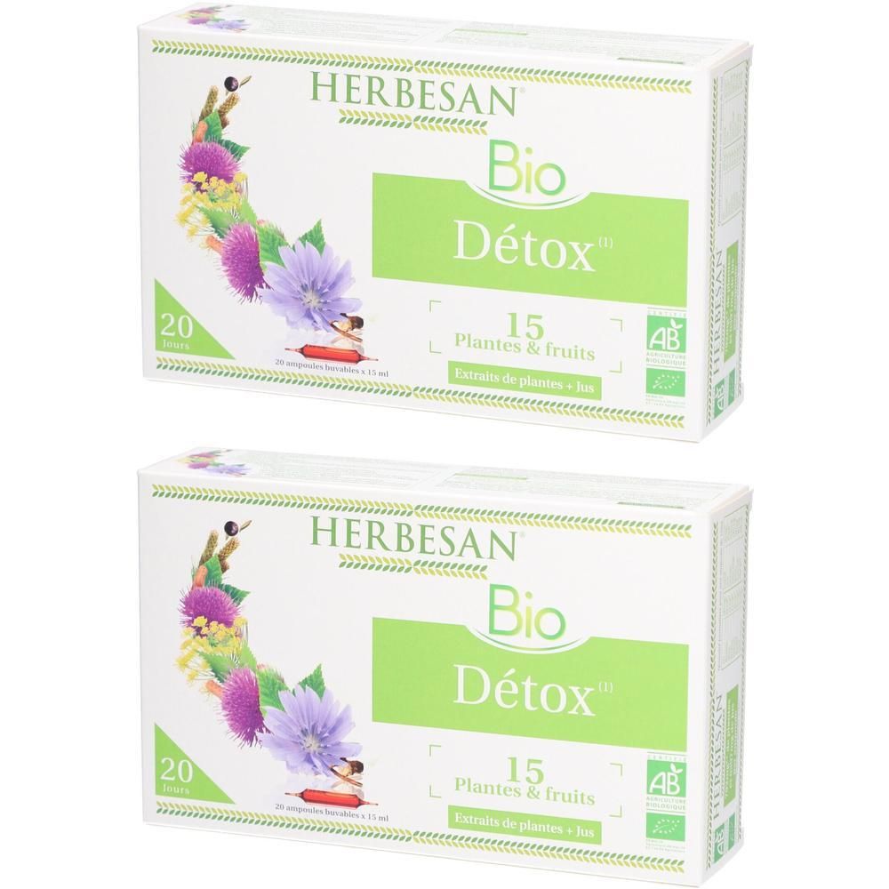 Deux boîtes HERBESAN Bio Détox. Emballages blancs avec éléments verts et floraux. Inscriptions: 20, 15 Plantes & fruits, logo AB.
