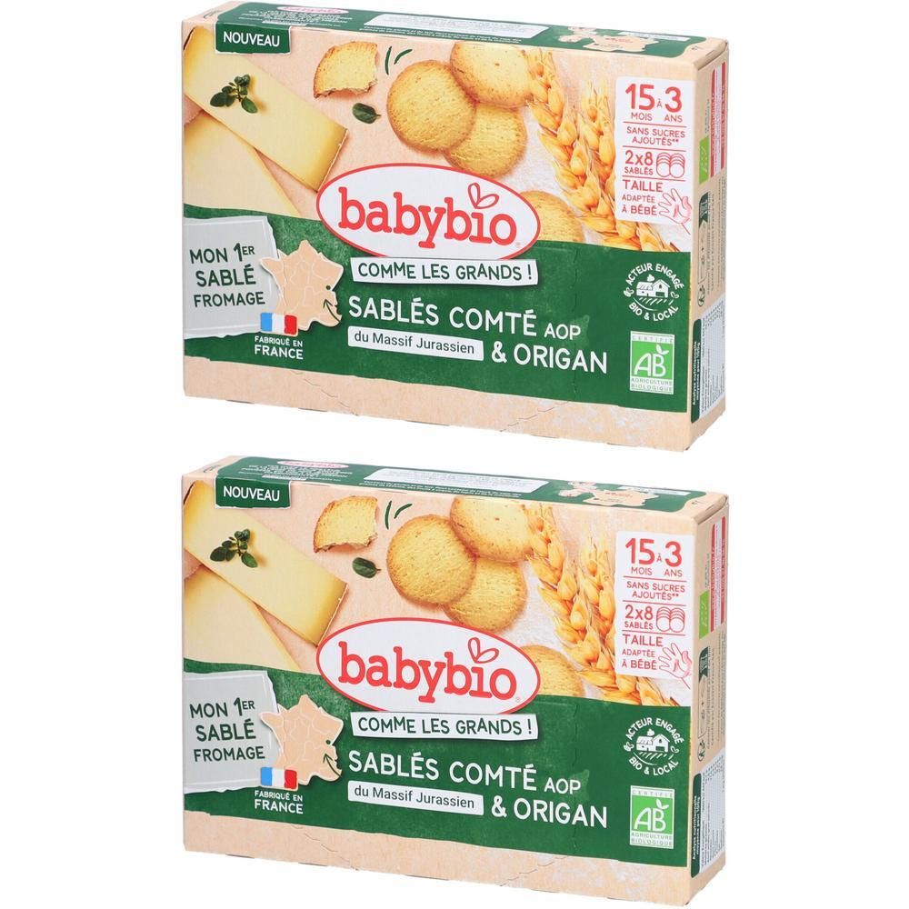 Deux boîtes de Babybio Sablé Comté AOP & Origan. Inscriptions : Babybio, Sablés Comté AOP, logo AB, 15,3 mois.