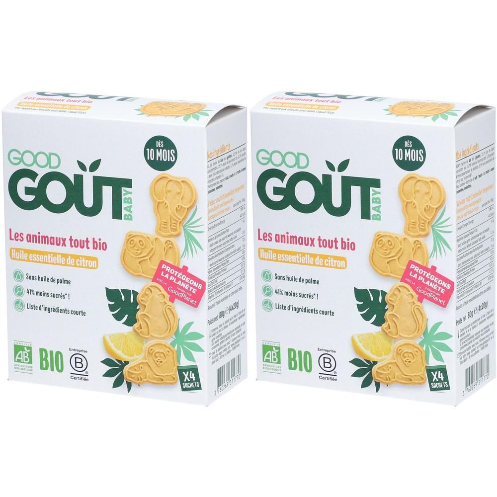 Deux boîtes de biscuits Good Goût Baby au citron, forme animale, label Bio.