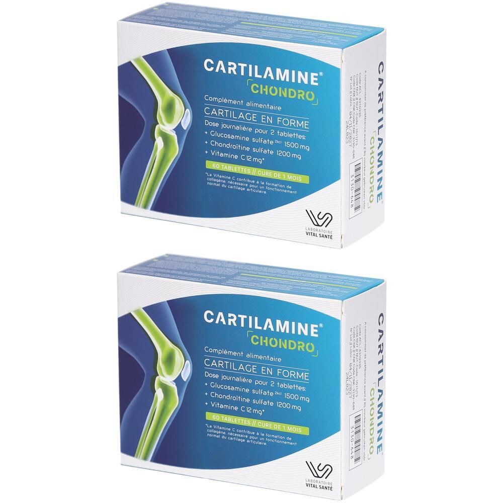 Deux boîtes CARTILAMINE CHONDRO. Emballage bleu et blanc avec illustration du genou. Texte: CARTILAMINE CHONDRO, complément alimentaire.