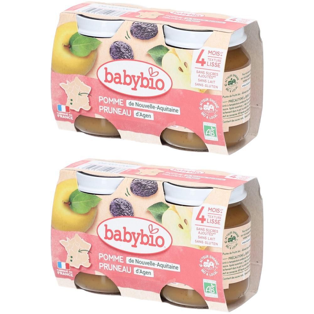 Deux emballages de pots Babybio. Chaque emballage contient quatre pots de purée pomme pruneau. Inscriptions: Babybio, Nouvelle-Aquitaine.