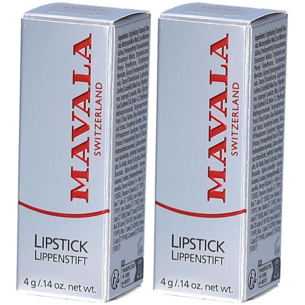 Deux boîtes rectangulaires avec l'inscription rouge MAVALA SWITZERLAND. En dessous, LIPSTICK LIPPENSTIFT. 4 g/.14 oz. net wt.