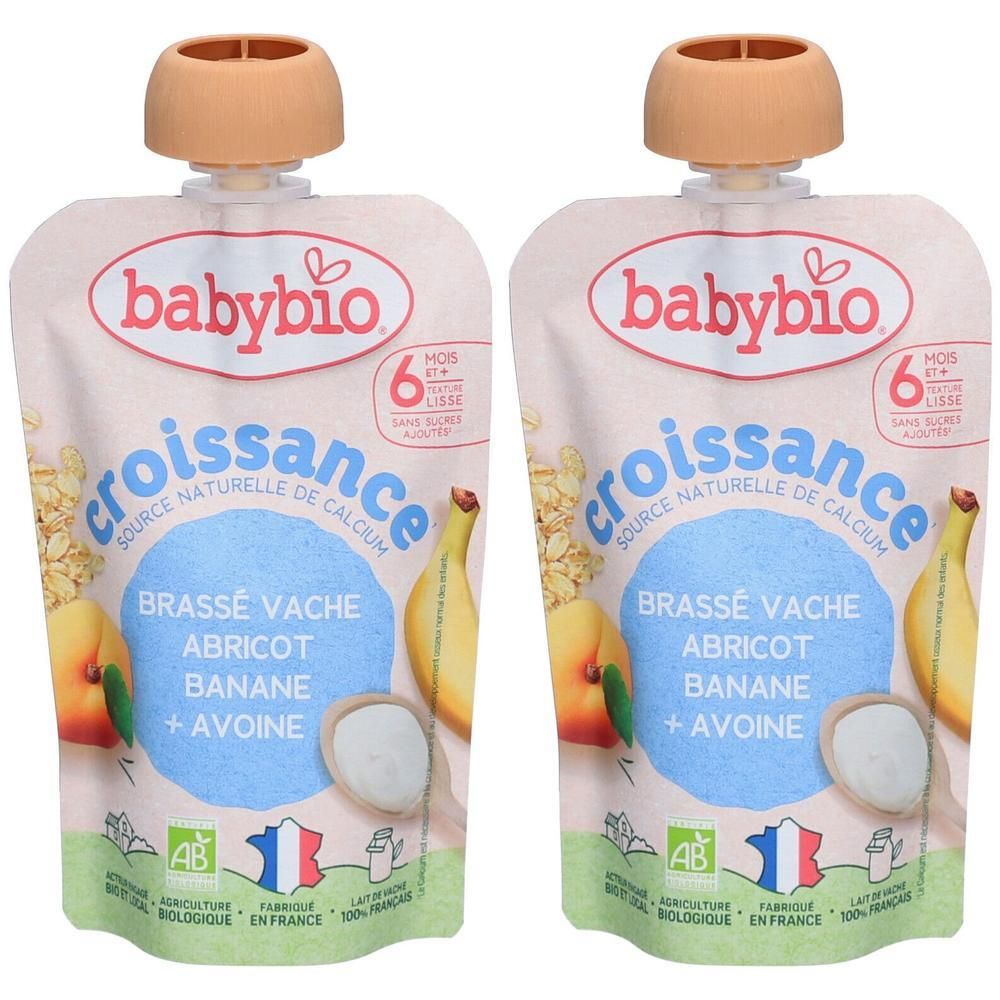 Deux sachets Babybio Brassé Croissance. Inscription : Brassé Vache Abricot Banane + Avoine. Pour 6+ mois. Avec label AB.