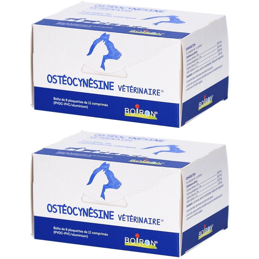 Deux boîtes Ostéocynésine Vétérinaire. Emballage blanc et bleu avec logo et informations produit.