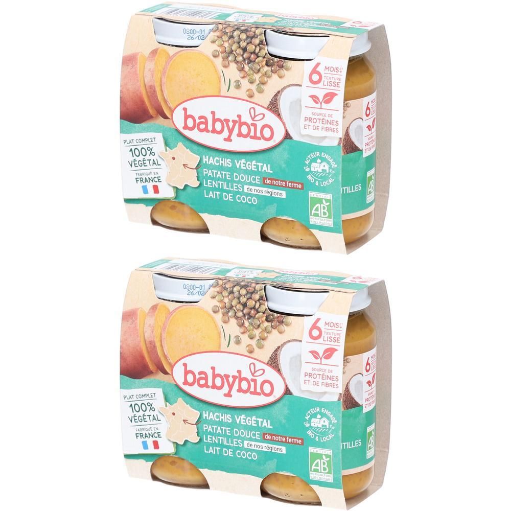 Deux packs de nourriture pour bébé Babybio. Chaque pack contient deux pots de Hachis Végétal. Inscription : Patate Douce, Lentilles, Lait de Coco.