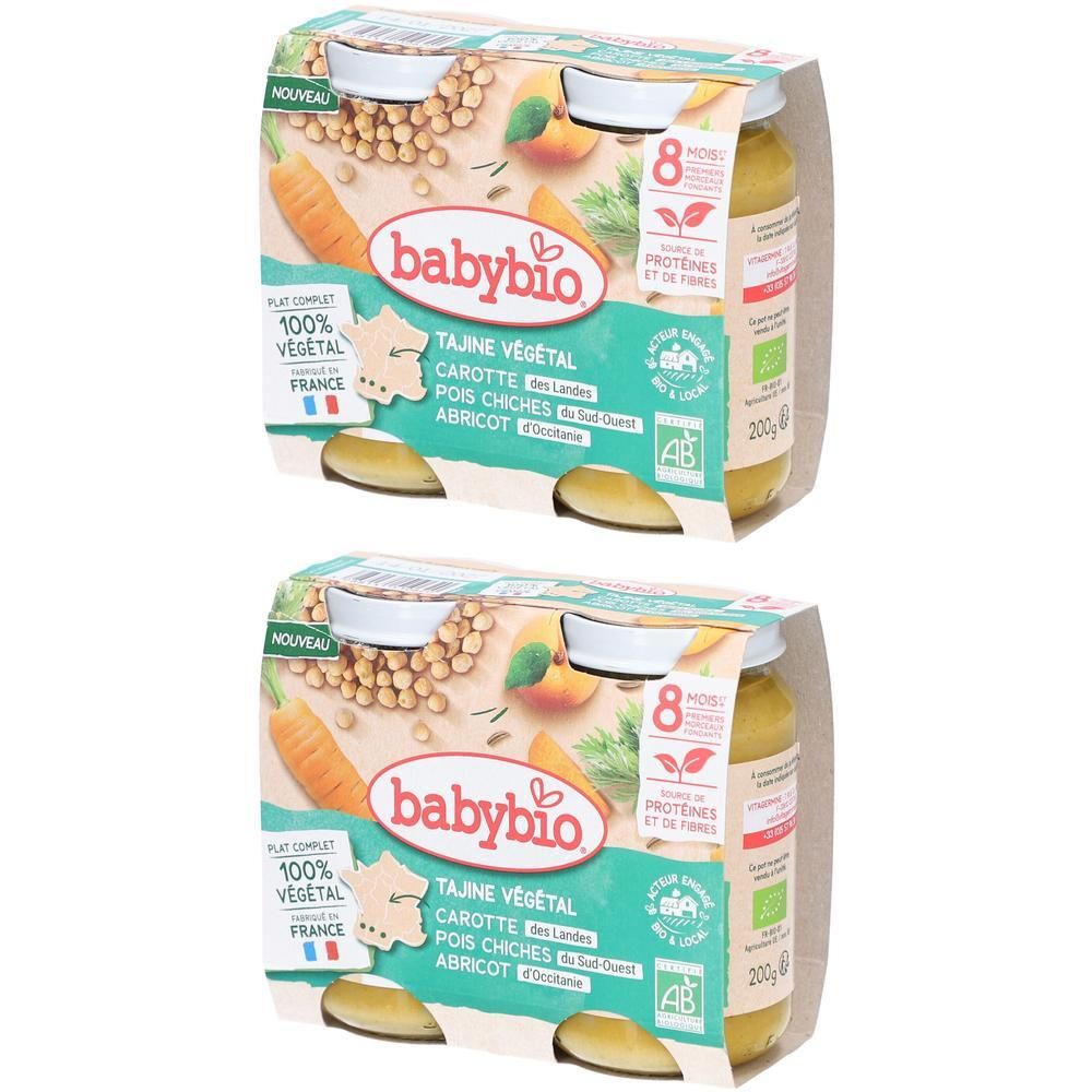 Deux emballages de nourriture pour bébé Babybio. Chaque emballage contient des pots de tajine végétal, carottes, pois chiches et abricots.