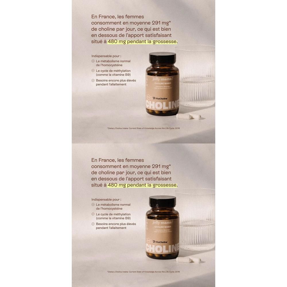 Flacon brun de gélules Jolly Mama Choline. Verre et gélules. Texte en français sur les besoins en choline pendant la grossesse.