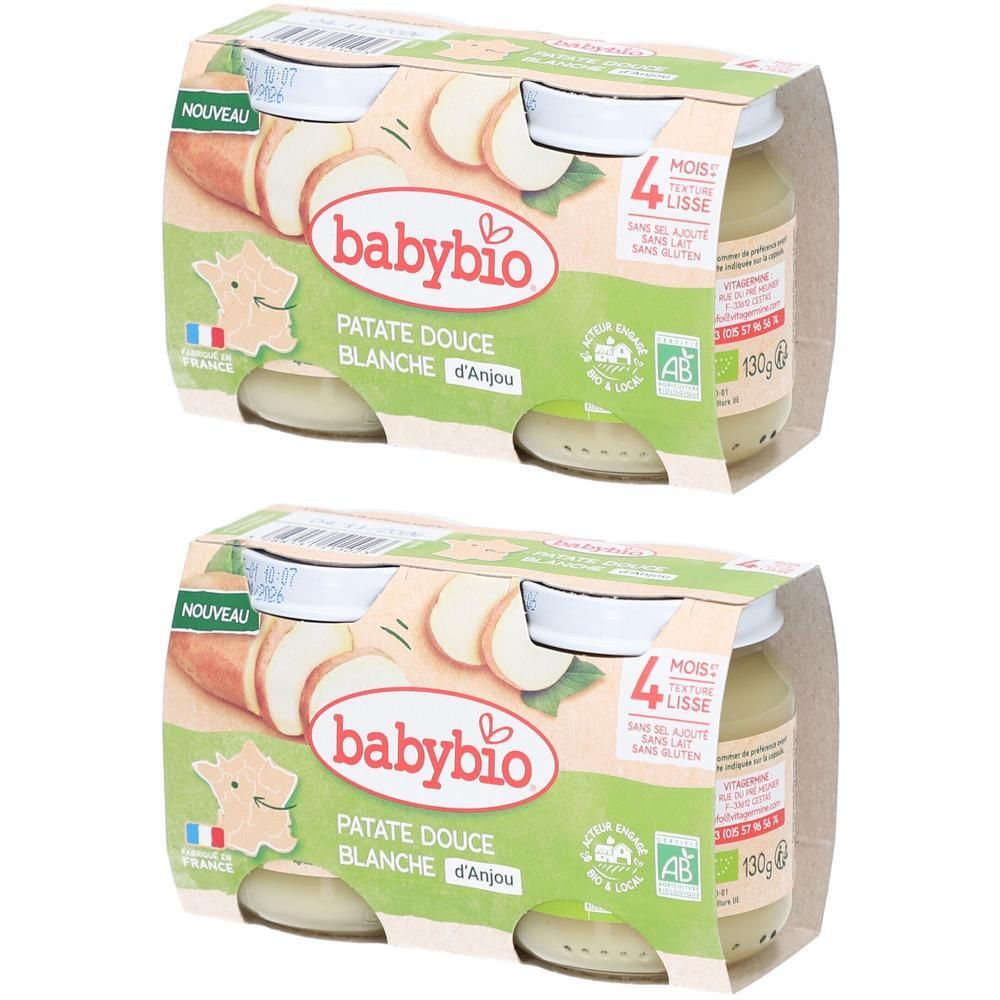 Deux packs de pots Babybio Patate Douce Blanche. Inscriptions: NOUVEAU, 4 MOIS, LISSE, logo AB, 130g.