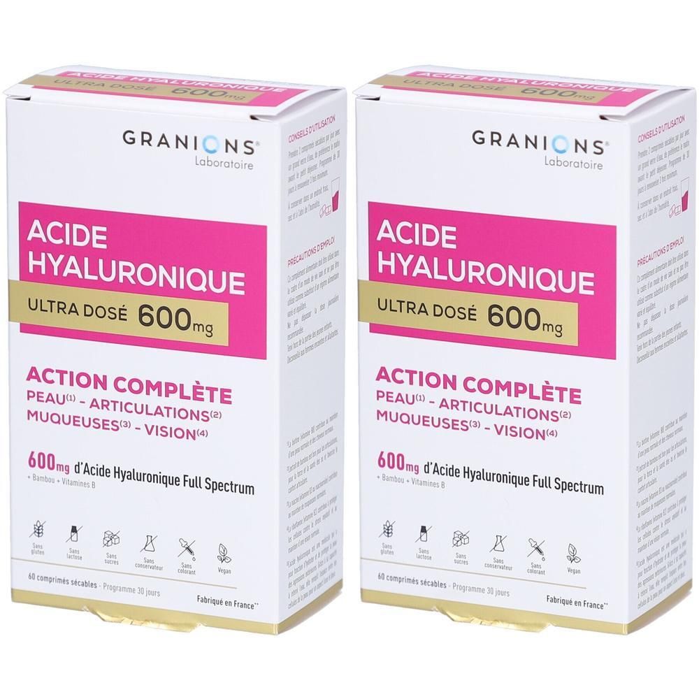 Deux boîtes de GRANIONS ACIDE HYALURONIQUE. Emballage rose et blanc. Texte : ULTRA DOSÉ 600mg, ACTION COMPLÈTE.