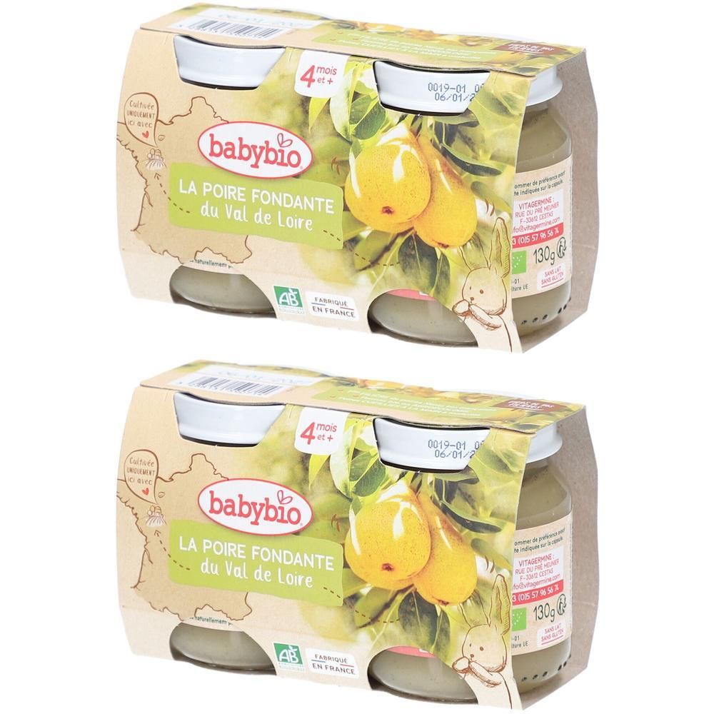 Deux emballages de purée Babybio. Chaque emballage contient quatre pots de purée de poires. Inscription: La Poire Fondante du Val de Loire.