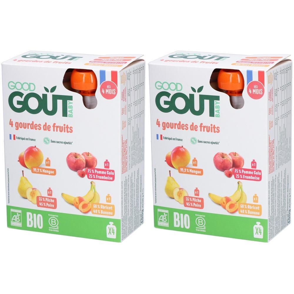 Deux paquets de compotes de fruits Good Goût Baby. Chaque paquet contient 4 gourdes de fruits pomme, poire, pêche et banane.