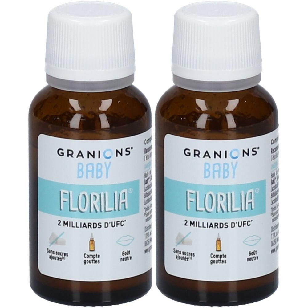 Deux flacons en verre brun avec bouchons blancs. Étiquette avec GRANIONS BABY FLORILIA, 2 MILLIARDS D'UFC.