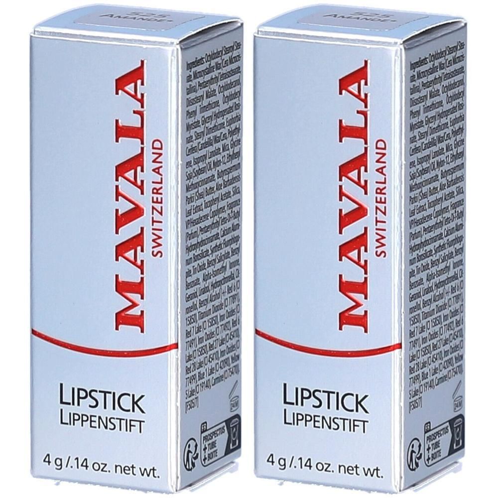 Deux boîtes rectangulaires avec l'inscription rouge MAVALA, SWITZERLAND et LIPSTICK. 4 g/.14 oz. net wt. sur chaque boîte.