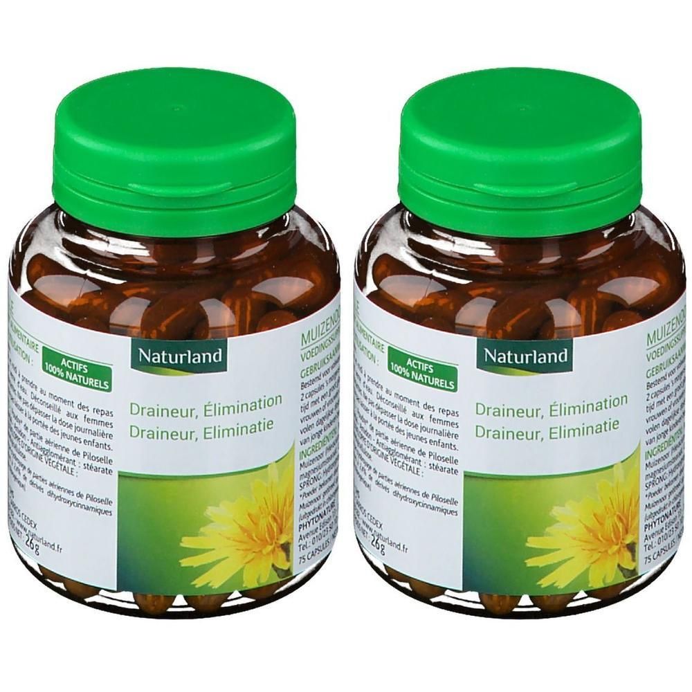 Deux flacons en verre avec des bouchons verts. Étiquettes avec "Naturland" et "Draineur, Elimination". Capsules visibles.