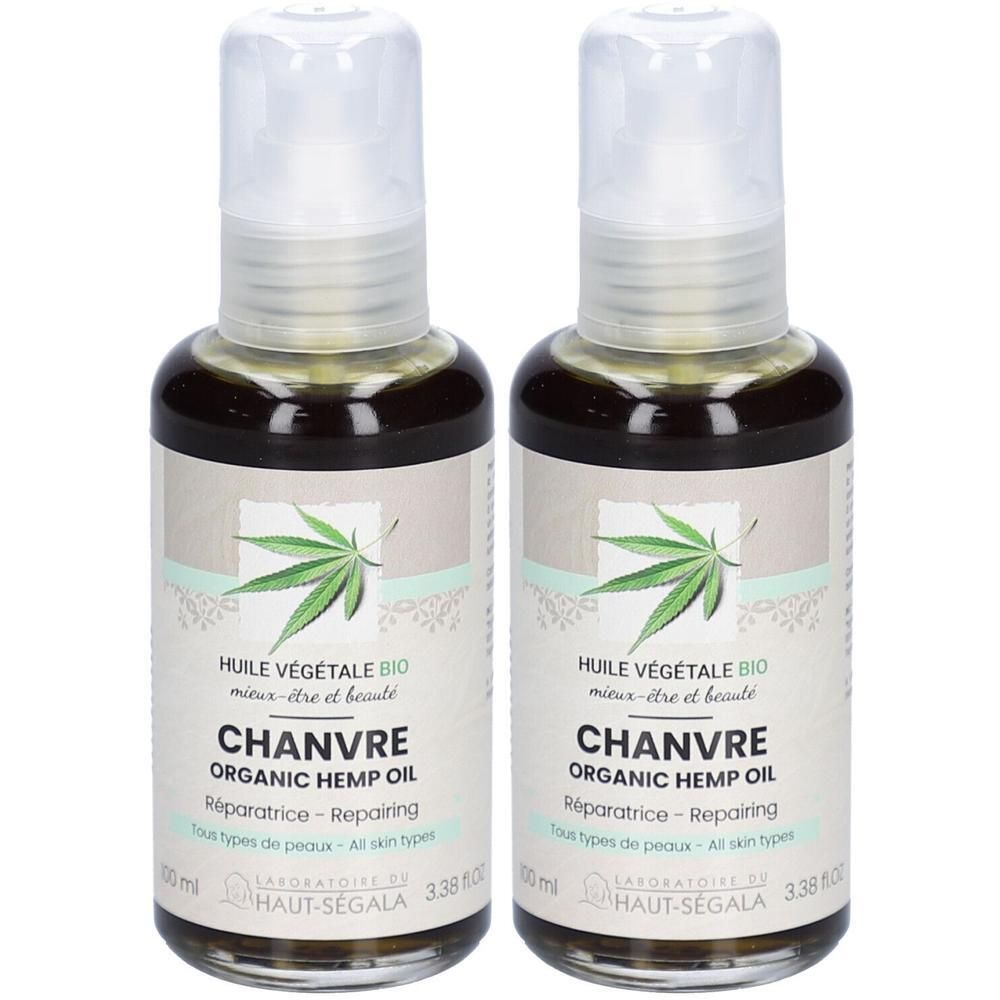 Deux flacons d'huile de chanvre bio de Laboratoire du Haut-Ségala avec symbole feuille de chanvre. Bouchons pompe transparents.