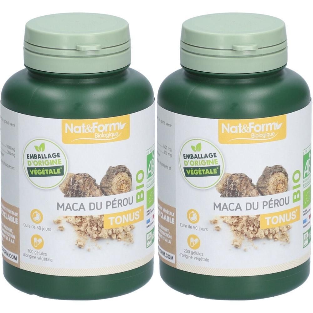 Deux flacons verts avec bouchons. Étiquettes avec "Nat&Form", "Maca du Pérou" et "BIO".
