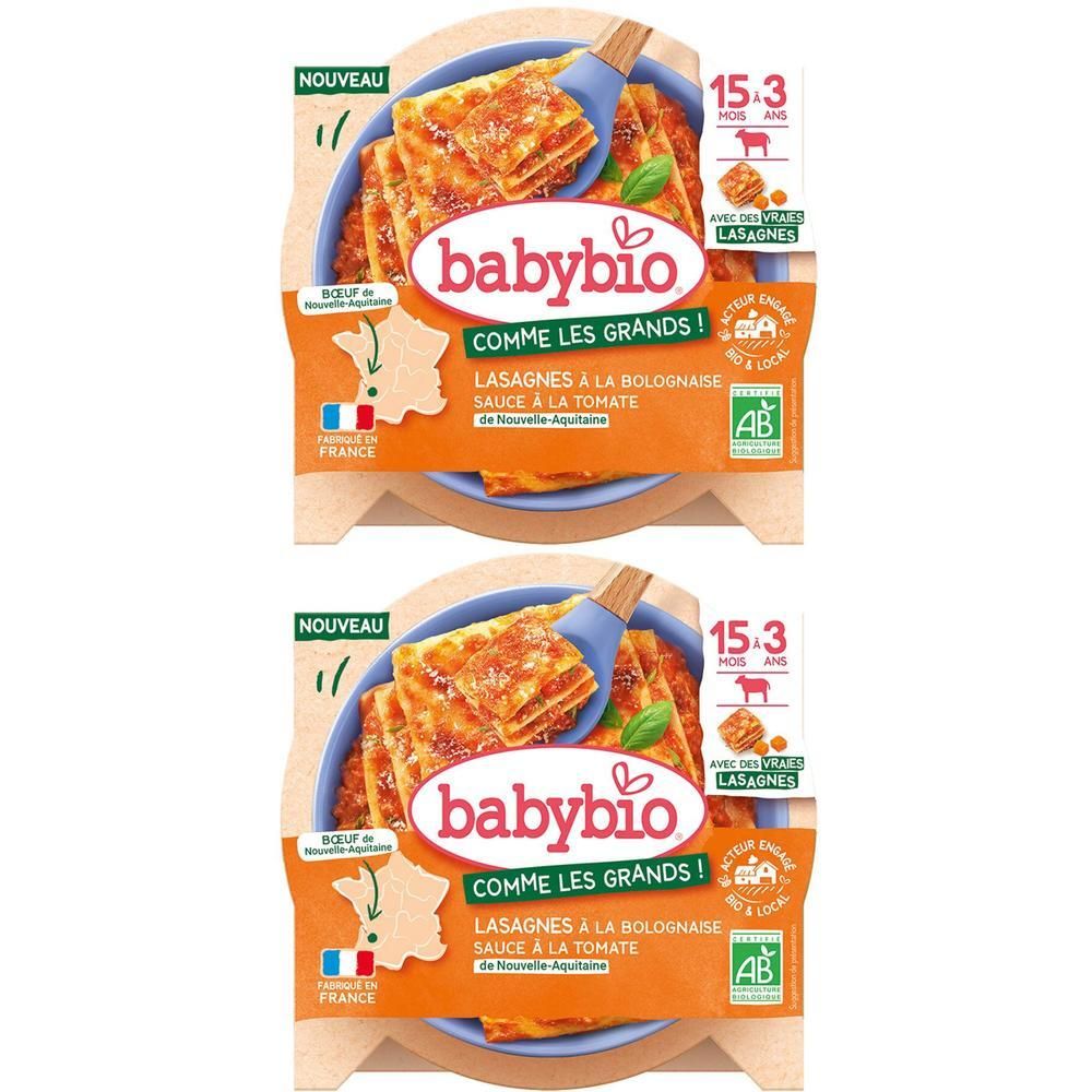 Deux barquettes de lasagnes Babybio. Inscription : Lasagnes à la bolognaise sauce à la tomate. Label AB. Nouveau.
