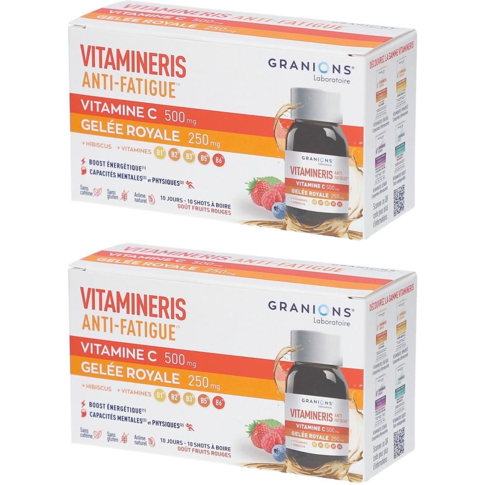 Deux boîtes de GRANIONS VITAMINERIS. Inscription: Anti-fatigue, Vitamine C, Gelée Royale. Illustration d'une bouteille et de fruits.