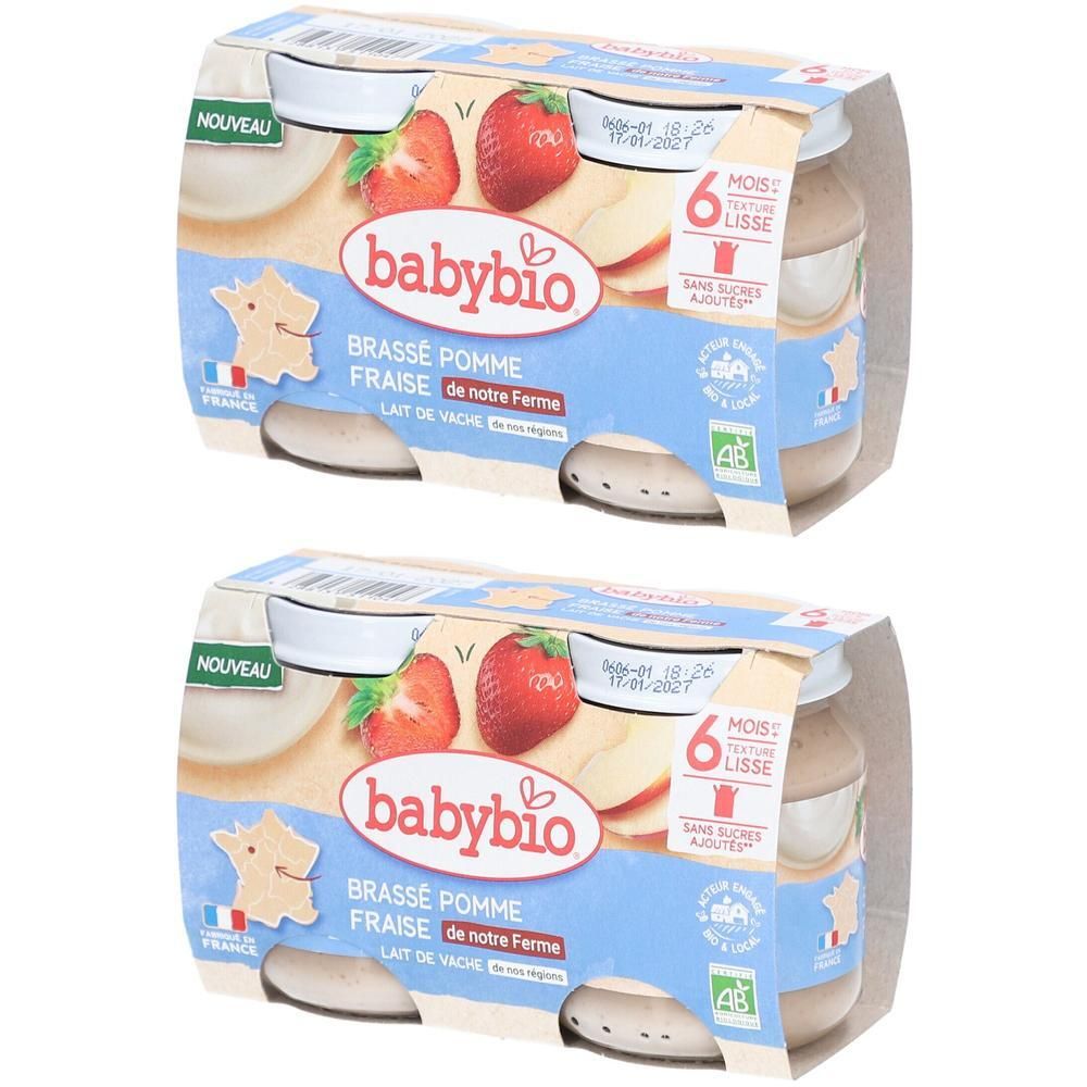 Deux emballages de Babybio Brassé Pomme Fraise. Chaque emballage contient des pots de nourriture pour bébé. Inscriptions: 6 mois, logo AB.