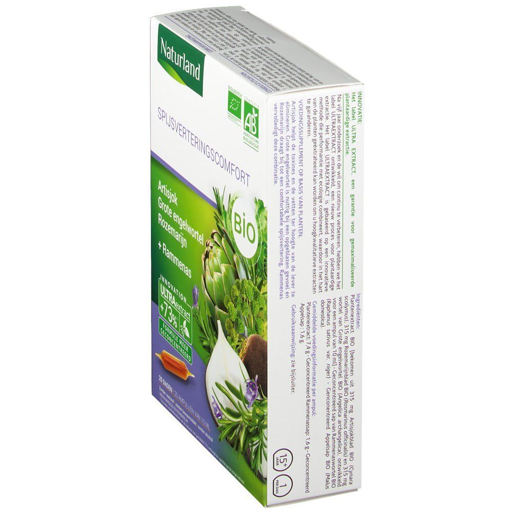 Boîte en carton "Naturland" avec logo et label "BIO". Texte : "Spijsverteringscomfort". Illustration d'artichaut et d'herbes.